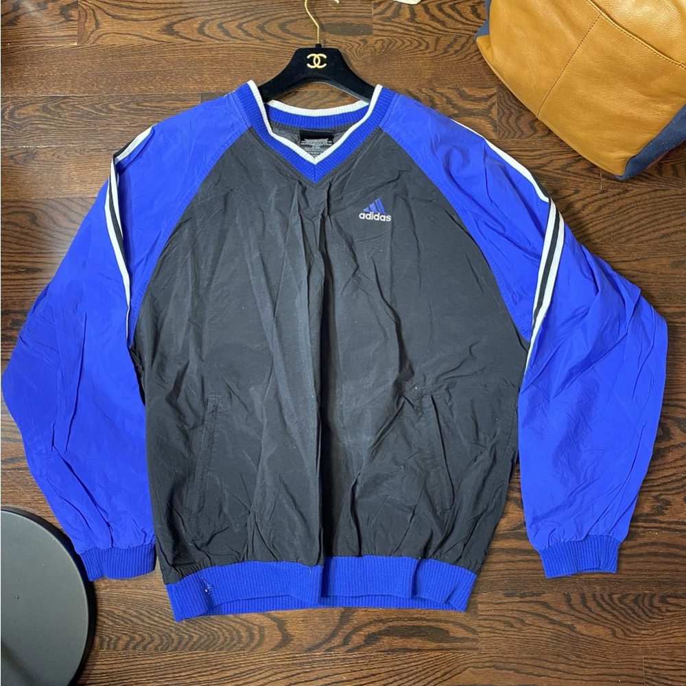 Vintage 90s Adidas Logo 3 Stripe Pullover Windbreaker Blue Black Size XLarge